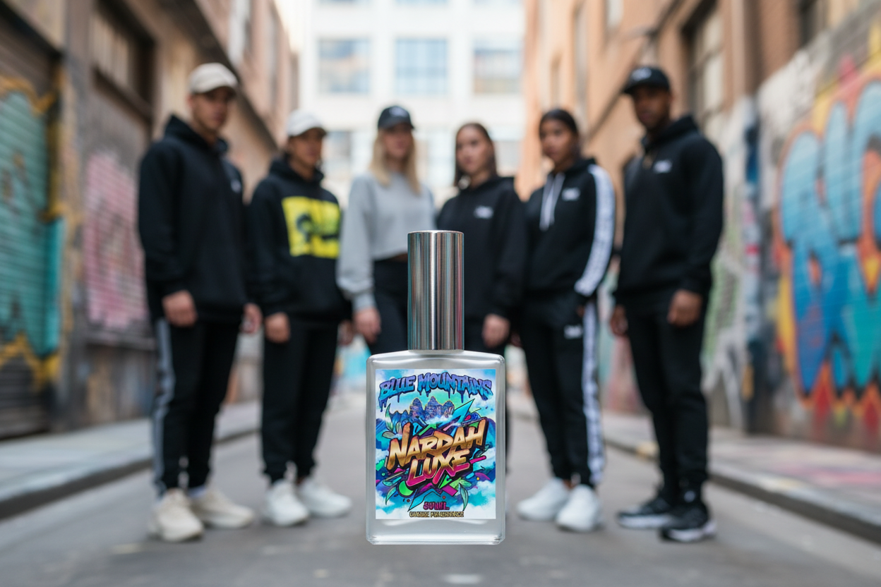 Blue Mountains fragrance bottle with streetwear lifestyle background