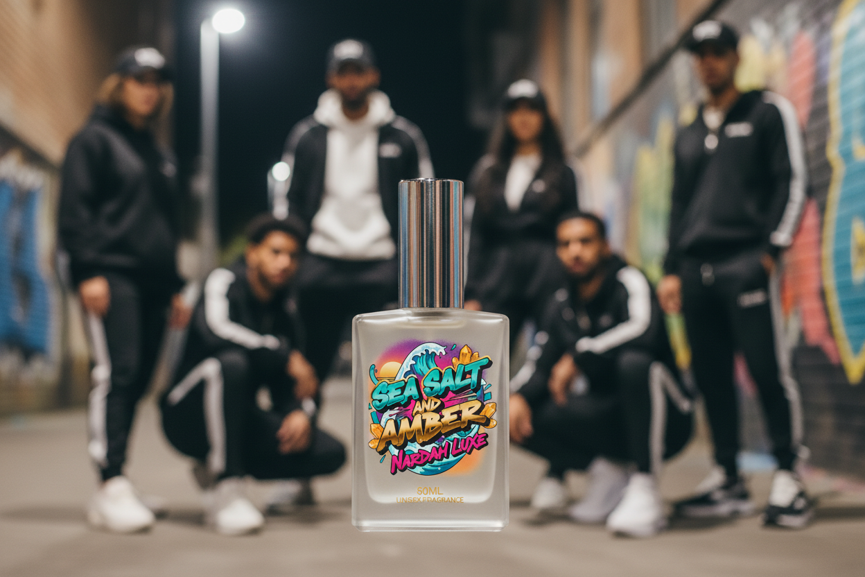 Sea Salt and Amber fragrance bottle with streetwear lifestyle background