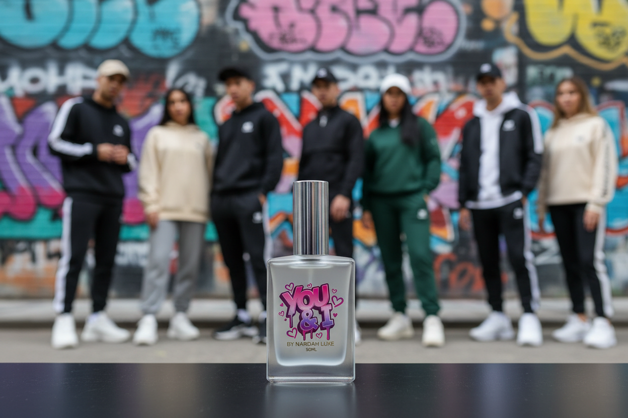You & I fragrance bottle with streetwear lifestyle background